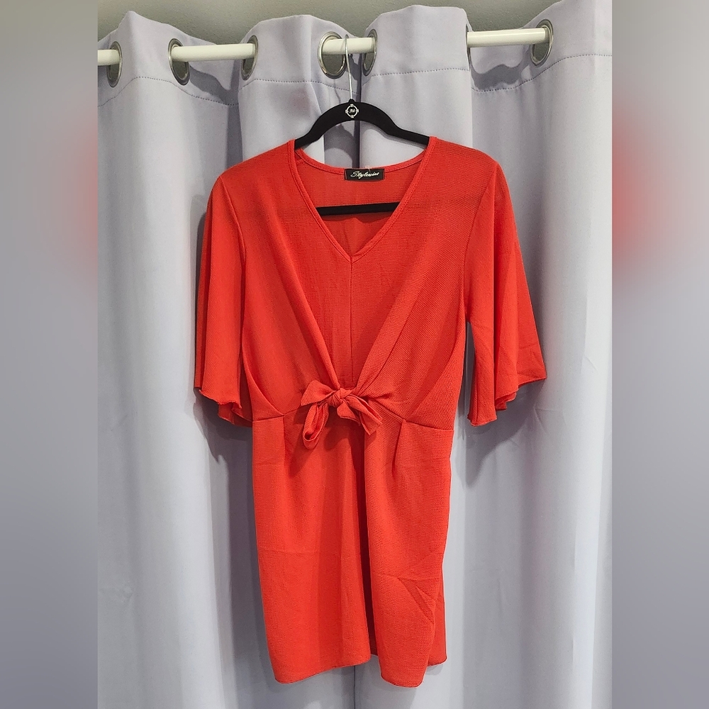 Red tie front dress
